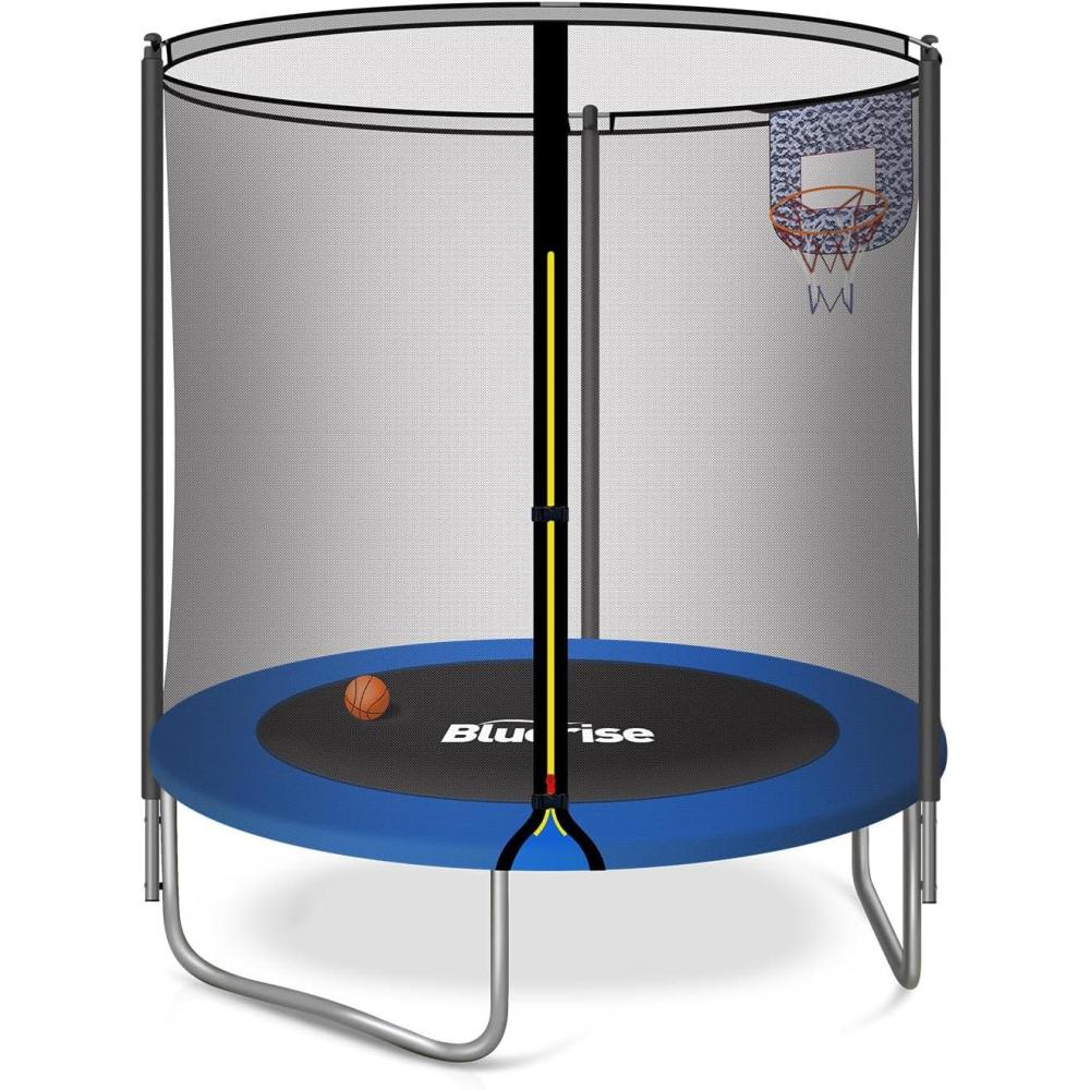 imageBLUERISE 55IN 6FT Toddler Trampoline for Kids Indoor Outdoor Play for Kids Trampoline Basketball Hoop Attachment with Enclosure Net Easy to AssembleDark  Blue