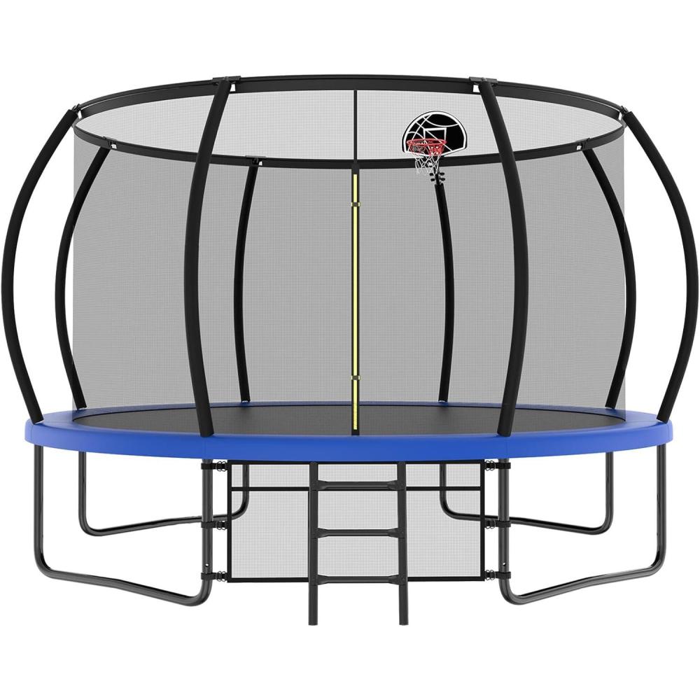 imageLyromix 12 14 15 16FT Outdoor Trampolines for Kids and Adults Pumpkin Trampolin with Curved Poles Recreational Trampolin with Basketball Hoop and Safety Enclosure Net for Kids and AdultsBlue
