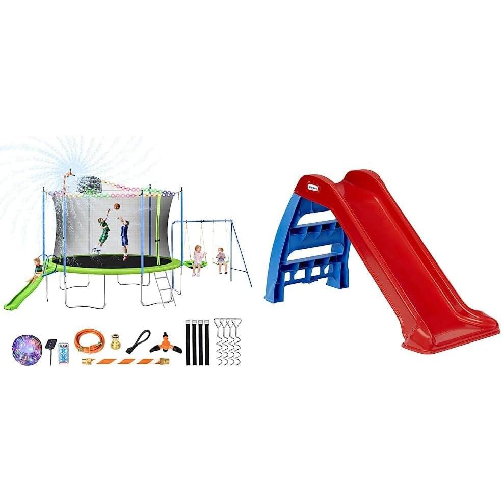 imageLyromix 1214FT Trampoline With Slide Swings Basketball Hoop and Ladder  ASTM Approved Outdoor Backyard Recreational Equipment With Net Capacity for 57 Kids and Adults14 FT Trampoline