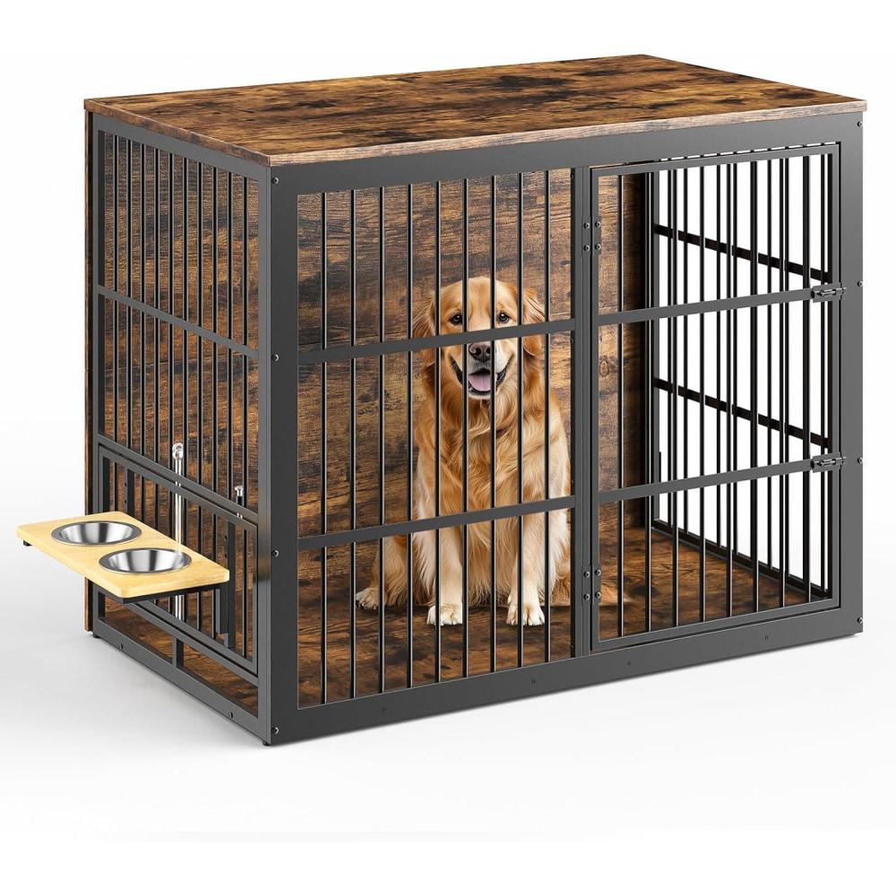imageLyromix 48 XXL Dog Crate Furniture with Rotating Feeder Large Wooden Crate End Table Heavy Duty Indoor Kennel Cage for Medium to Large Dogs GreyBrown