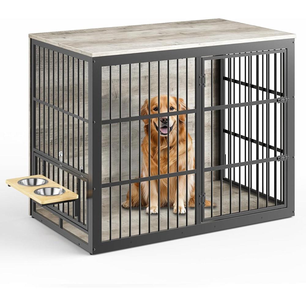 imageLyromix 48 XXL Dog Crate Furniture with Rotating Feeder Large Wooden Crate End Table Heavy Duty Indoor Kennel Cage for Medium to Large Dogs GreyGrey
