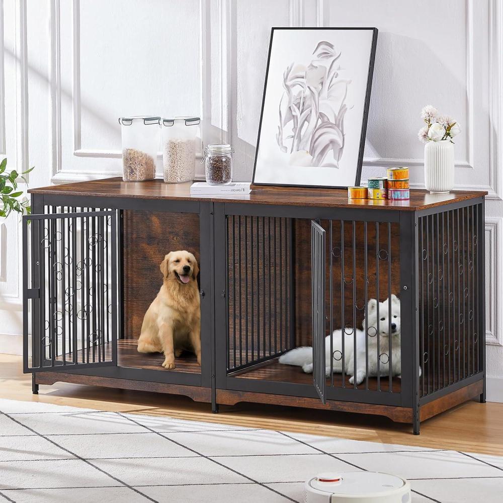 imageLyromix 71 Dog Crate Furniture for 2 Large Medium Dogs XXL Wooden Indoor Double Crate Kennel Cage Large Breed with Door TV Stand End Table with Divider No CushionBrownBrown