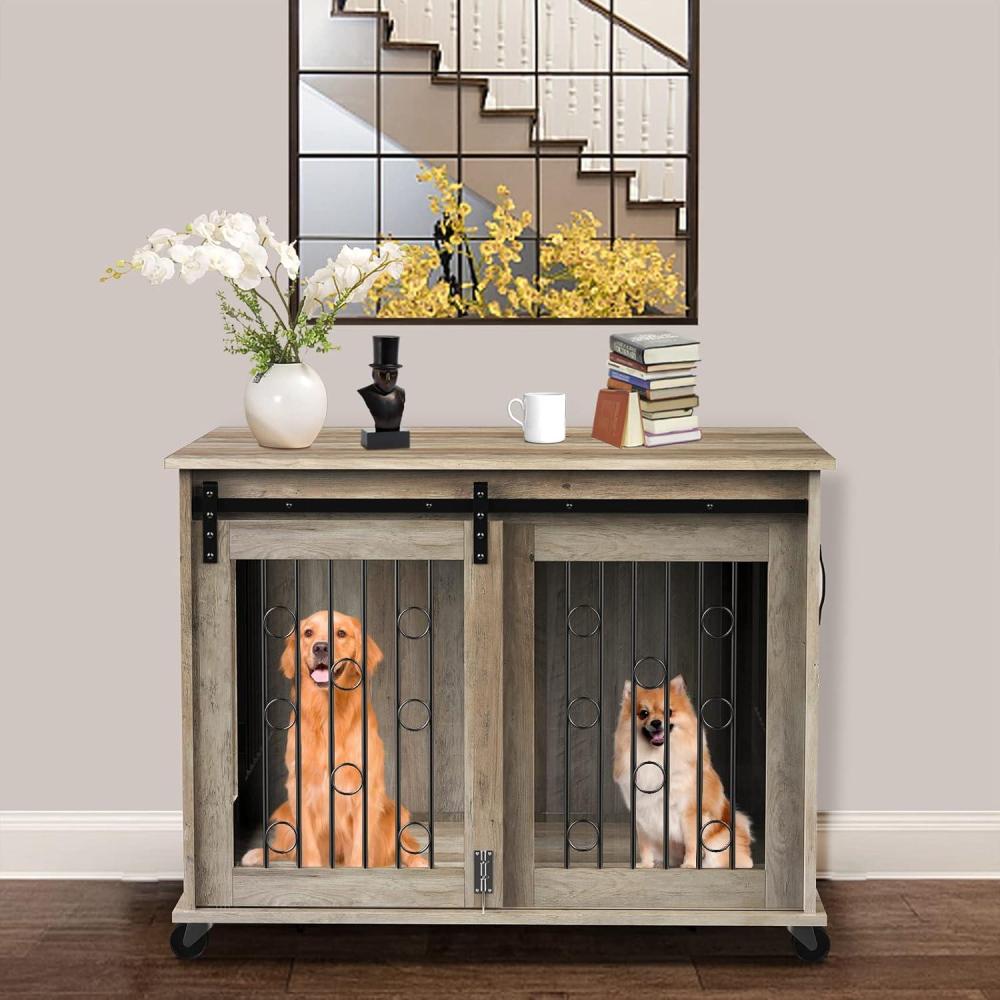 imageLyromix Dog Crate Furniture with Divider for 2 Small to Medium Dogs Wooden Cage End Table Heavy Duty Indoor Puppy Kennel with Removable Divider and Sliding Door Grey 3937W252D2894H