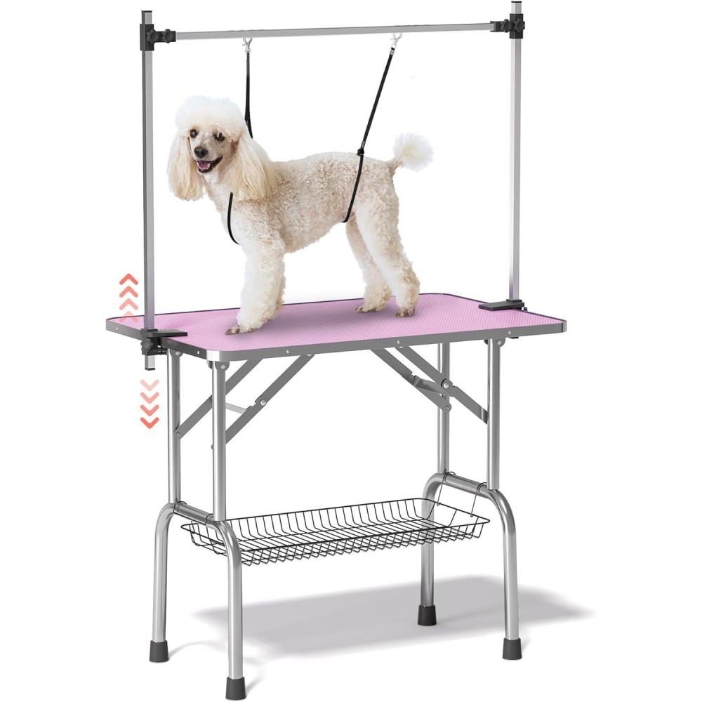 imageLyromix Dog Grooming Table Adjustable Large Pet Drying Desktop Foldable Bathing Desk with Arms Noose Mesh Tray Maximum Capacity Up to 330LbPink