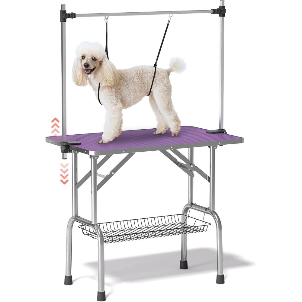 imageLyromix Dog Grooming Table Adjustable Large Pet Drying Desktop Foldable Bathing Desk with Arms Noose Mesh Tray Maximum Capacity Up to 330LbPurple