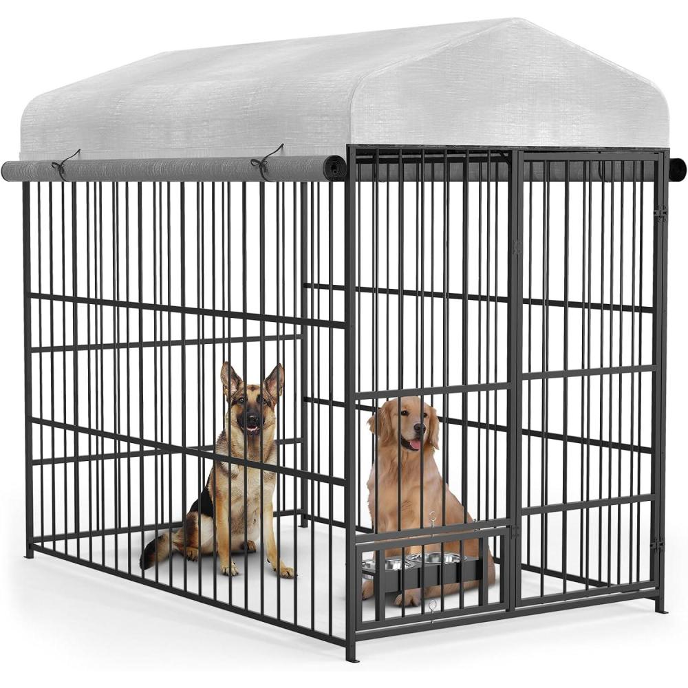 imageLyromix Dog Kennel Outdoor with Waterproof Roof and Rotating Feeding Doors Outdoor Dog Kennel Playpen Crate with Secure Lock and Bowls Large Heavy Duty Welded Wire Dogs Run Enclosure 663959
