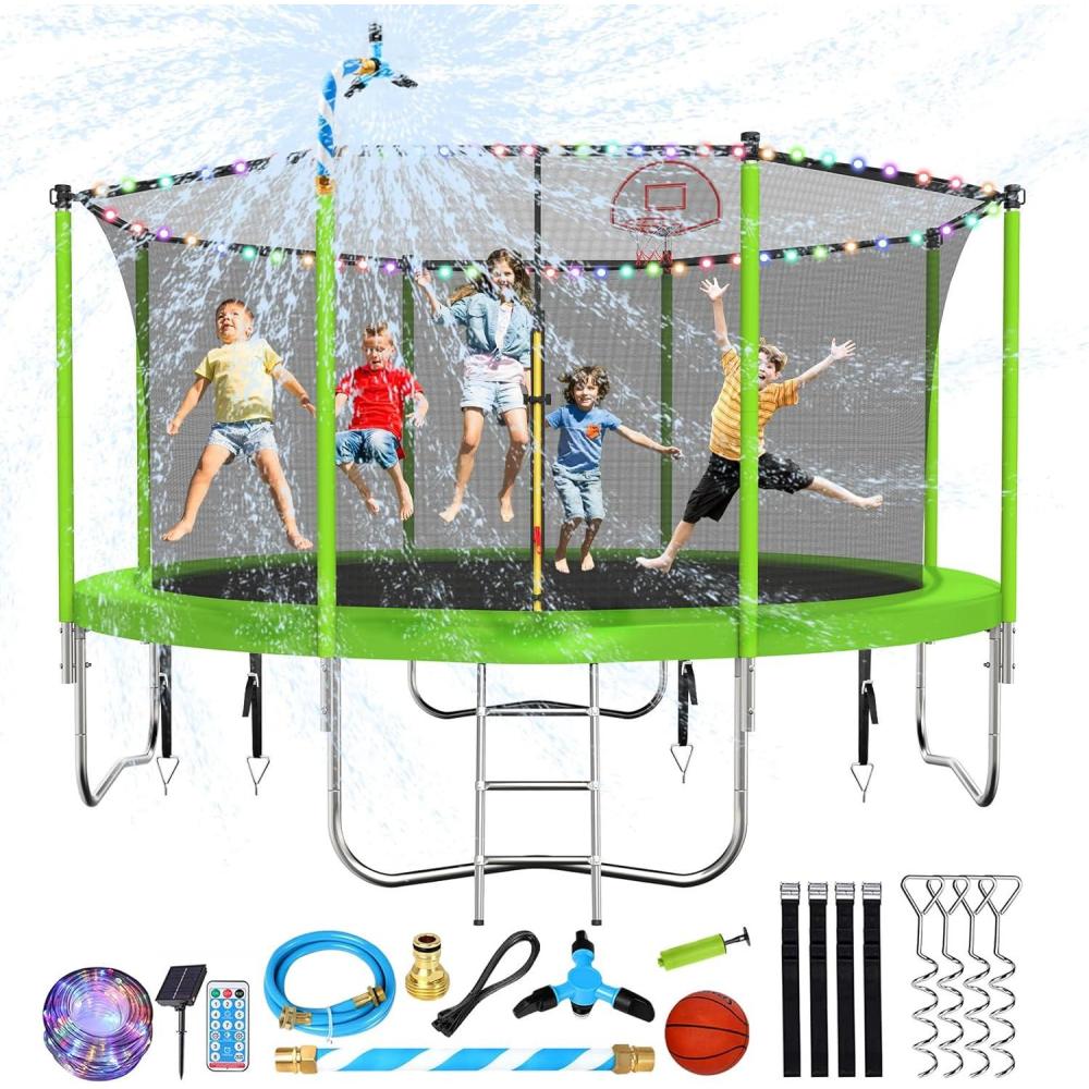 imageLyromix Upgraded 1012141516FT Trampoline with Light Stakes Sprinkler Basketball Hoop and Net Capacity for 46 Kids and AdultsApple Green