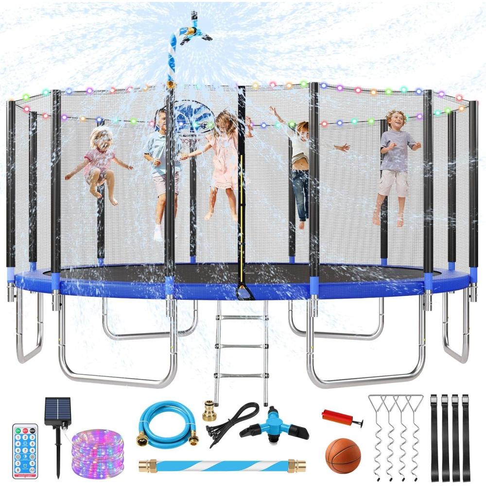imageLyromix Upgraded 1012141516FT Trampoline with Light Stakes Sprinkler Basketball Hoop and Net Capacity for 46 Kids and AdultsDark Blue