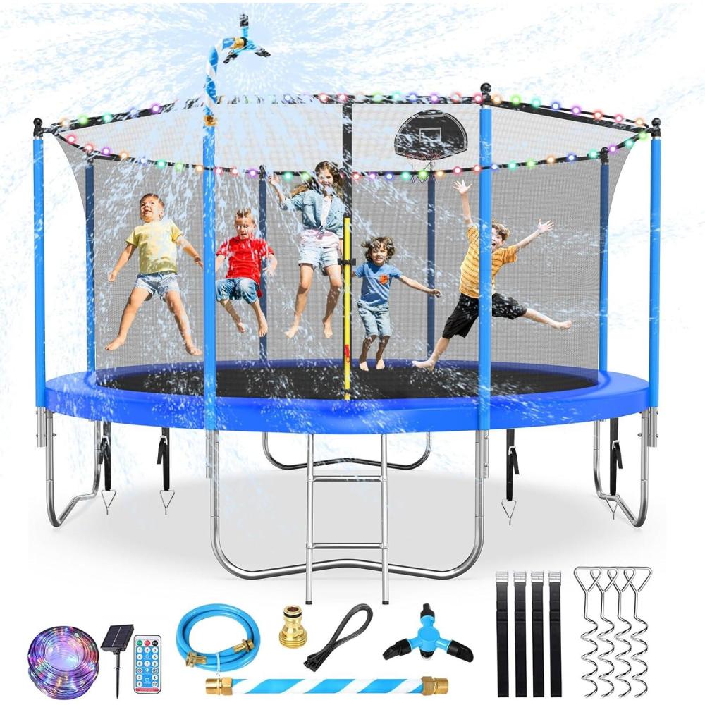 imageLyromix Upgraded 1012141516FT Trampoline with Light Stakes Sprinkler Basketball Hoop and Net Capacity for 46 Kids and AdultsLight Blue