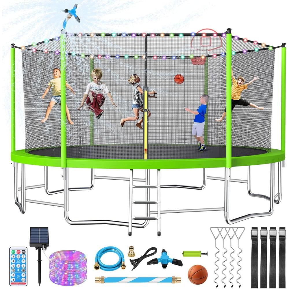 imageLyromix Upgraded 1012141516FT Trampoline with Light Stakes Sprinkler Basketball Hoop and Net Capacity for 46 Kids and AdultsPeak Green