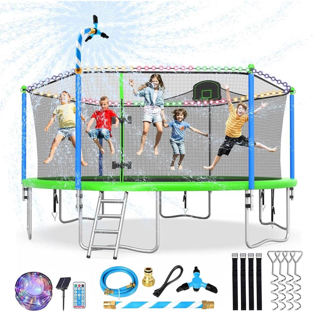 imageLyromix Upgraded 1012141516FT Trampoline with Light Stakes Sprinkler Basketball Hoop and Net Capacity for 46 Kids and AdultsTeal Blue
