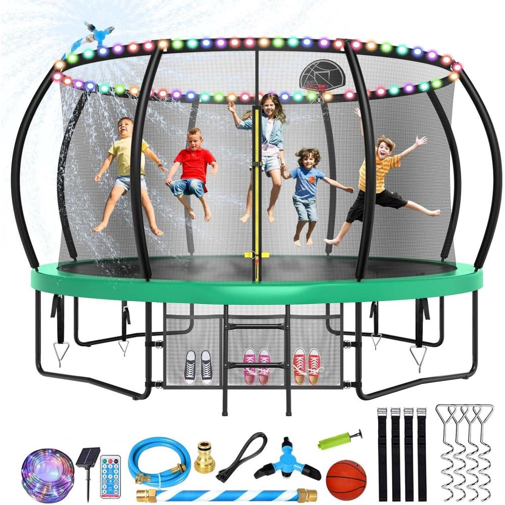 imageLyromix Upgraded 14FT Trampoline Outdoor for Kids and Adults Outdoor Trampolines with Curved Poles Pumpkin Trampoline with Basketball Hoop Sprinkler Stakes Basketball Light and Storage Bag