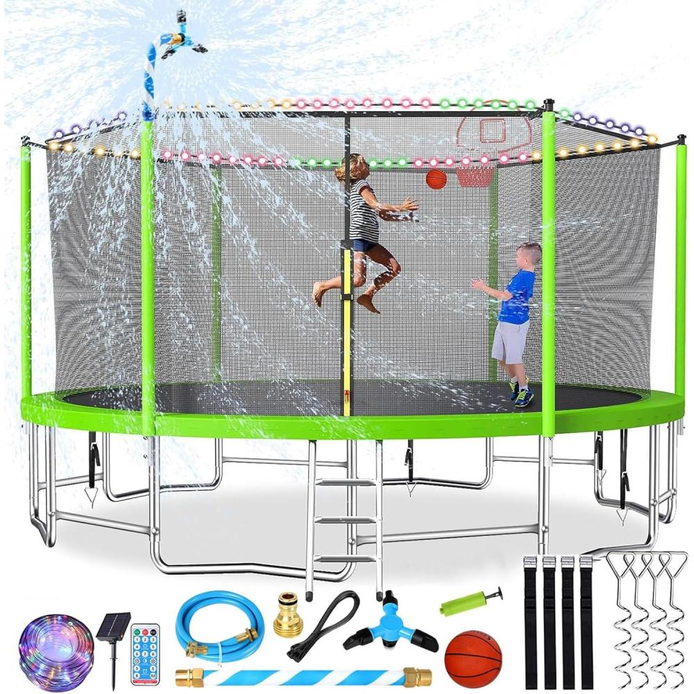 imageLyromix Upgraded 16FT 15FT 14FT 12FT 10FT 8FT Trampoline Outdoor with Basketball Hoop and Net Capacity for 46 Kids and AdultsApple Green