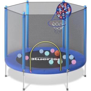 BLUERISE 55IN 6FT Toddler Trampoline for Kids Indoor Outdoor Play for Kids Trampoline Basketball Hoop Attachment with Enclosure Net Easy to Assemble(Blue)