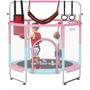 BLUERISE 55IN 6FT Toddler Trampoline for Kids Indoor Outdoor Play for Kids Trampoline Basketball Hoop Attachment with Enclosure Net Easy to Assemble(Pink / Blue)