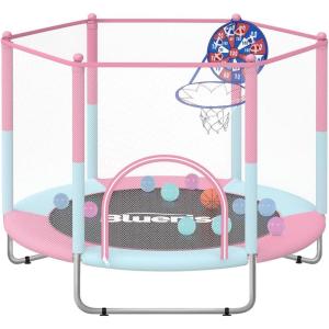 BLUERISE 60″ Trampoline for Kids, 5 FT Small Toddler Indoor & Outdoor Trampoline, Basketball Hoop & Dart Board, Baby Trampoline Toys, Gifts for Boy and Girl, Baby Toddler Christmas Toys(Pink)