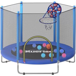 BLUERISE 60″ Trampoline for Kids, 5 FT Small Toddler Indoor & Outdoor Trampoline, Basketball Hoop & Dart Board, Baby Trampoline Toys, Gifts for Boy and Girl, Baby Toddler Christmas Toys(Blue)