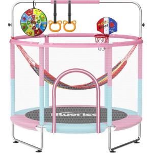 BLUERISE 60″ Trampoline for Kids, 5 FT Small Toddler Indoor & Outdoor Trampoline, Basketball Hoop & Dart Board, Baby Trampoline Toys, Gifts for Boy and Girl, Baby Toddler Christmas Toys(Blue / Pink)