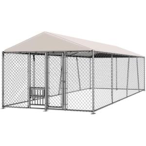 Lyromix 10 x 10FT Large Outdoor Dog Kennel with Bowls, Dog Kennel Outside with Waterproof Cover Roof, Galvanized Heavy Duty Chain Link Dog Runs Cage Playpen for Outside with Secure Lock(180.0″L x 120.0″W x 84.0″H)