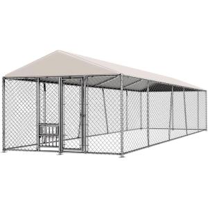 Lyromix 10 x 10FT Large Outdoor Dog Kennel with Bowls, Dog Kennel Outside with Waterproof Cover Roof, Galvanized Heavy Duty Chain Link Dog Runs Cage Playpen for Outside with Secure Lock(240.0″L x 120.0″W x 84.0″H)