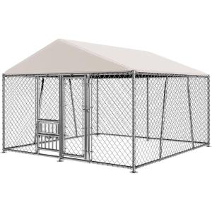 Lyromix 10 x 10FT Large Outdoor Dog Kennel with Bowls, Dog Kennel Outside with Waterproof Cover Roof, Galvanized Heavy Duty Chain Link Dog Runs Cage Playpen for Outside with Secure Lock(120.0″L x 120.0″W x 51.0″H)