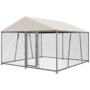 Lyromix 10 x 10FT Large Outdoor Dog Kennel with Roof, Dog Kennel Outside with Waterproof Cover, Galvanized Heavy Duty Chain Link Dog Runs Cage Playpen for Outside with Secure Lock(120.0″L x 120.0″W x 51.2″H)