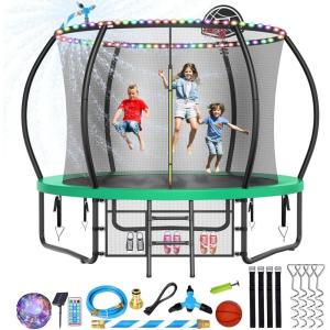 Lyromix 10FT Upgrade Outdoor Trampoline for Kids and Adults, Heavy Duty Trampolines with Lights, Recreational Trampolin with Net and Basketball Hoop, Sprinkler & Stakes