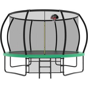 Lyromix 12 14 15 16FT Outdoor Trampolines for Kids and Adults, Pumpkin Trampolin with Curved Poles, Recreational Trampolin with Basketball Hoop and Safety Enclosure Net for Kids and Adults(Green)