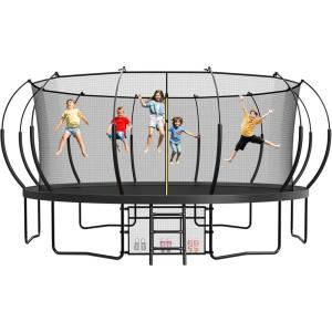 Lyromix 12 14 15 16FT Outdoor Trampolines for Kids and Adults, Pumpkin Trampolin with Curved Poles, Recreational Trampolin with Basketball Hoop and Safety Enclosure Net for Kids and Adults(Black)
