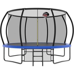 Lyromix 12 14 15 16FT Outdoor Trampolines for Kids and Adults, Pumpkin Trampolin with Curved Poles, Recreational Trampolin with Basketball Hoop and Safety Enclosure Net for Kids and Adults(Blue)