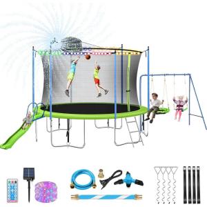 Lyromix 12-14FT Trampoline With Slide, Swings, Basketball Hoop and Ladder – ASTM Approved Outdoor Backyard Recreational Equipment With Net, Capacity for 5-7 Kids and Adults(14 FT Trampoline with Accessories)