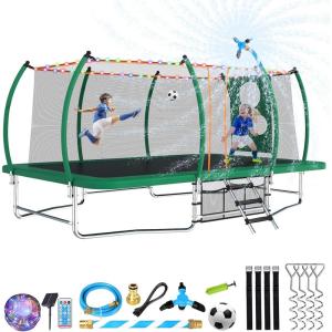 Lyromix 14FT & 16FT Outdoor Rectangle Trampoline for Kids & Adults, Curved Poles, Pumpkin Color, Light, Sprinkler, Soccer & Storage Bag(Dark Green)