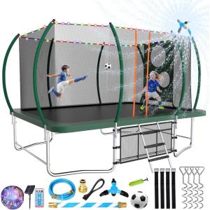 Lyromix 14FT & 16FT Outdoor Rectangle Trampoline for Kids & Adults, Curved Poles, Pumpkin Color, Light, Sprinkler, Soccer & Storage Bag(Field Green)