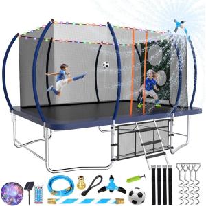Lyromix 14FT & 16FT Outdoor Rectangle Trampoline for Kids & Adults, Curved Poles, Pumpkin Color, Light, Sprinkler, Soccer & Storage Bag(Sky Blue)