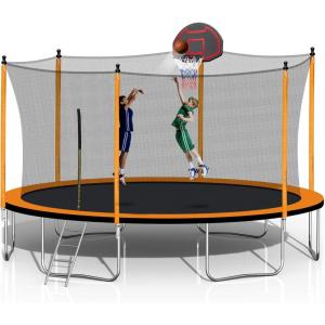 Lyromix 16 FT Trampoline for Kids and Adults, Backyard Trampoline with Sprinkler, Stakes, Light, Basketball Hoop, Outdoor Trampoline for Famliy, Recreational Trampoline with Enclosure, ASTM Approved