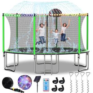 Lyromix 16FT 15FT 14FT Trampoline for Kids and Adults, Large Outdoor Trampoline with Stakes, Light, Sprinkler, Backyard Trampoline with Basketball Hoop and Net, Capacity for 5-8 Kids and Adults