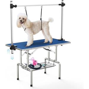 Lyromix 36”Large Dog Grooming Table, Adjustable Cat Drying Desktop with Arms, Nooses, Mesh Tray, Foldable Pet Station at Home, Maximum Capacity Up to 330Lb, 36inch, Black(Blue)