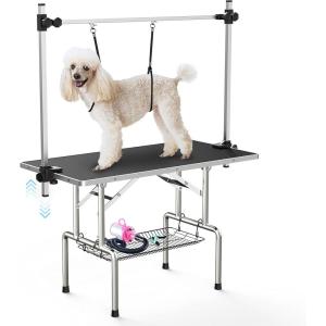 Lyromix 36”Large Dog Grooming Table, Adjustable Cat Drying Desktop with Arms, Nooses, Mesh Tray, Foldable Pet Station at Home, Maximum Capacity Up to 330Lb, 36inch, Black(Black)
