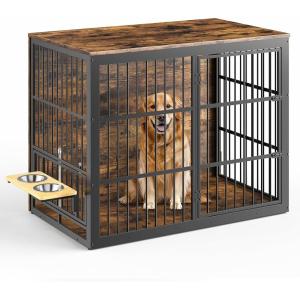 Lyromix 48” XXL Dog Crate Furniture with Rotating Feeder, Large Wooden Crate End Table, Heavy Duty Indoor Kennel Cage for Medium to Large Dogs, Grey(Brown)