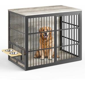 Lyromix 48” XXL Dog Crate Furniture with Rotating Feeder, Large Wooden Crate End Table, Heavy Duty Indoor Kennel Cage for Medium to Large Dogs, Grey(Grey)