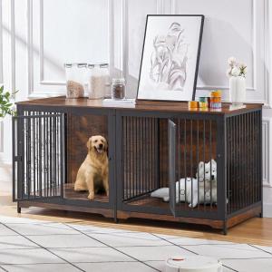 Lyromix 71” Dog Crate Furniture for 2 Large Medium Dogs, XXL Wooden Indoor Double Crate Kennel Cage Large Breed with Door, TV Stand End Table with Divider, No Cushion,Brown(Brown)