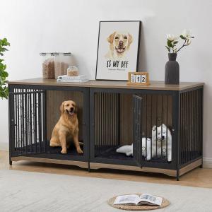 Lyromix 71” Dog Crate Furniture for 2 Large Medium Dogs, XXL Wooden Indoor Double Crate Kennel Cage Large Breed with Door, TV Stand End Table with Divider, No Cushion,Brown(Grey)