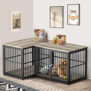 Lyromix 94.48” Dog Crate Furniture Large Breed TV Stand with Double Rooms,Wooden Dog Kennel Dog Crate End Table with Removable Divider for Large Medium Dogs, Can Use Separately(Ancient gray)