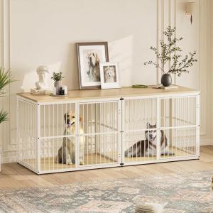 Lyromix 94.48” Dog Crate Furniture Large Breed TV Stand with Double Rooms,Wooden Dog Kennel Dog Crate End Table with Removable Divider for Large Medium Dogs, Can Use Separately(Natural Beech)