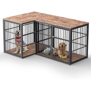 Lyromix 94.48” Dog Crate Furniture Large Breed TV Stand with Double Rooms,Wooden Dog Kennel Dog Crate End Table with Removable Divider for Large Medium Dogs, Can Use Separately(Retro Brown)