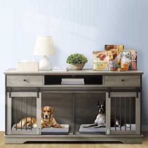 Lyromix Dog Crate Furniture Large Breed TV Stand with Drawer & 2 Sliding Doors, Dog Kennels and Crates for Medium Large Dogs with Divider, Wood Dog Crate End Table, Grey, 62.2”W*22.8”D*32.3”H