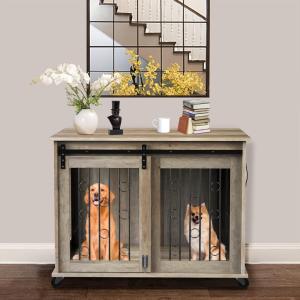 Lyromix Dog Crate Furniture with Divider for 2 Small to Medium Dogs, Wooden Cage End Table, Heavy Duty Indoor Puppy Kennel with Removable Divider and Sliding Door, Grey, 39.37”W*25.2”D*28.94”H