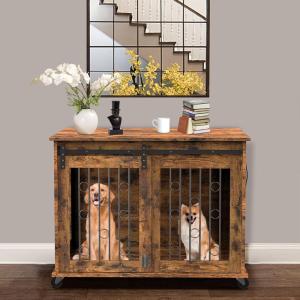 Lyromix Dog Crate Furniture with Divider for 2 Small to Medium Dogs, Wooden Cage End Table, Heavy Duty Indoor Puppy Kennel with Removable Divider and Sliding Door, Brown, 39.37”W*25.2”D*28.94”H