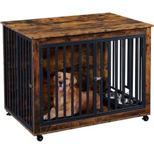 Lyromix Dog Crate Furniture with Pull-Out Dog Bowls, 43.7” Heavy Duty Wooden Dog Kennel with Double Doors & Flip-Top for Large Dogs, Furniture Style Dog Crate End Table with Wheels, Brown