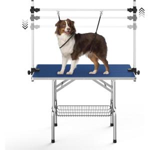 Lyromix Dog Grooming Table, Adjustable Large Pet Drying Desktop, Foldable Bathing Desk with Arms, Noose, Mesh Tray, Maximum Capacity Up to 330Lb(Blue)